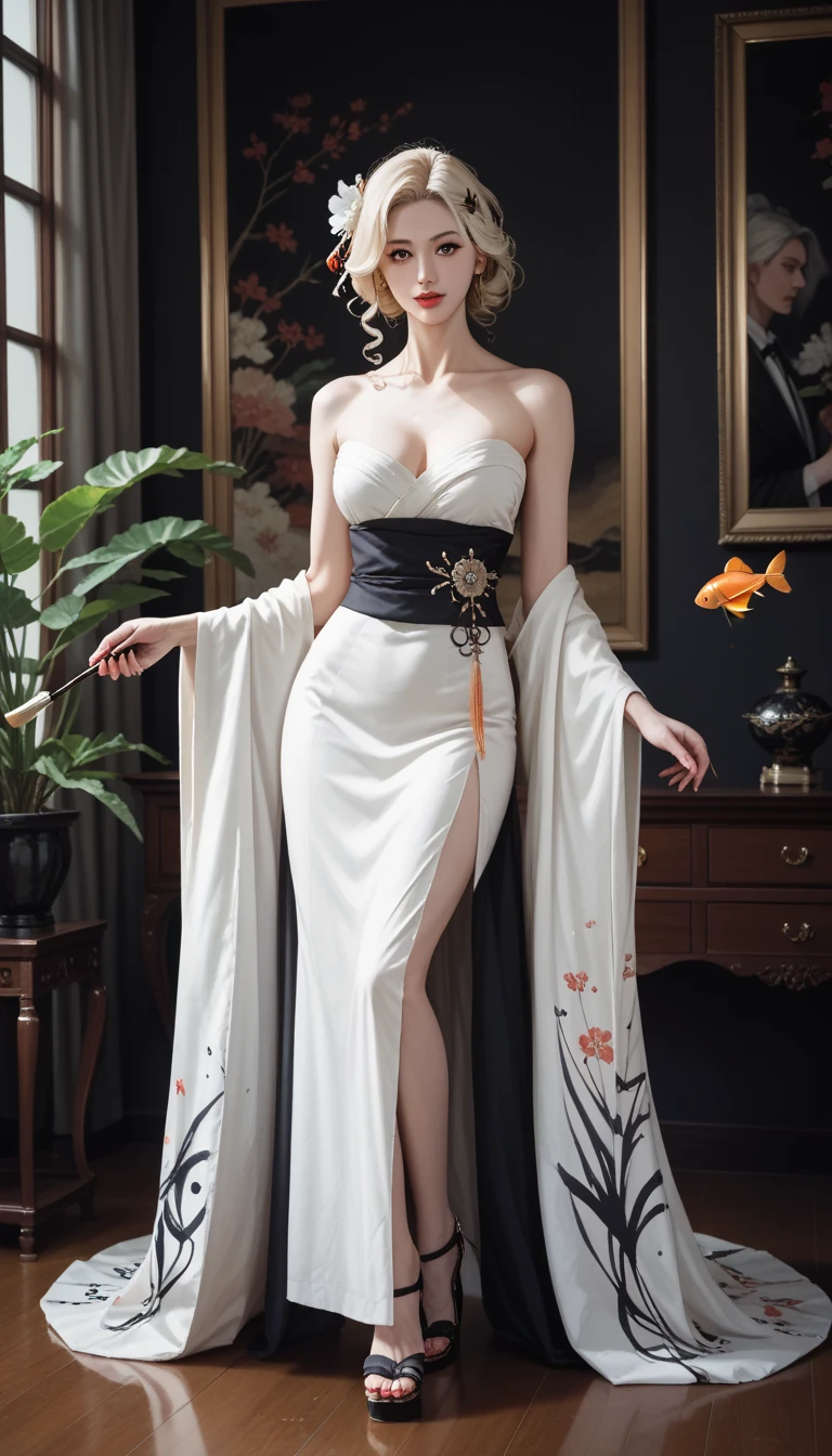 nsfw,Ultra-detailed, photorealistic, best quality, 4k,8k, highres, masterpiece:1.3), Featured is Mei Li Hua, a royal concubine from the glorious Tang Dynasty, ((who embodies the essence of mature allure, sophistication, and grace)), (((She boasts an elegant stature, complemented by a slender waist, and well-sculpted features, epitomizing the quintessential Chinese beauty))), (She is adorned with dark, lustrous hair in a traditional Tang era hairstyle), (striking almond-shaped eyes), ((and a fair complexion)), enhanced by vibrant, expressive makeup, (((She exhibits an exquisite and very sexy Tang Dynasty Era low-cut qxiong ruqun. This qxiong ruqun, a Tang Dynasty Era dress, exposes a generous amount of cleavage, adding a substantial touch of allure to her appearance. The outfit is characterized by its vibrant colors, intricate embroidery, and flowing silhouette, offering a traditional yet fashionable twist. She also wears traditional 'Jade Jewelry', and 'Anklets'))), (The vibrant, daring low-cut Hanfu presents a striking contrast against her fair skin), She is portrayed posing elegantly in her outfit, (exceptionally detailed:1.3),, super finely detailed hands, ultra finely detailed fingers(((ten fingers))), (posing elegantly), (full body showcase), (show full body), (no logos in the background), (no logo).