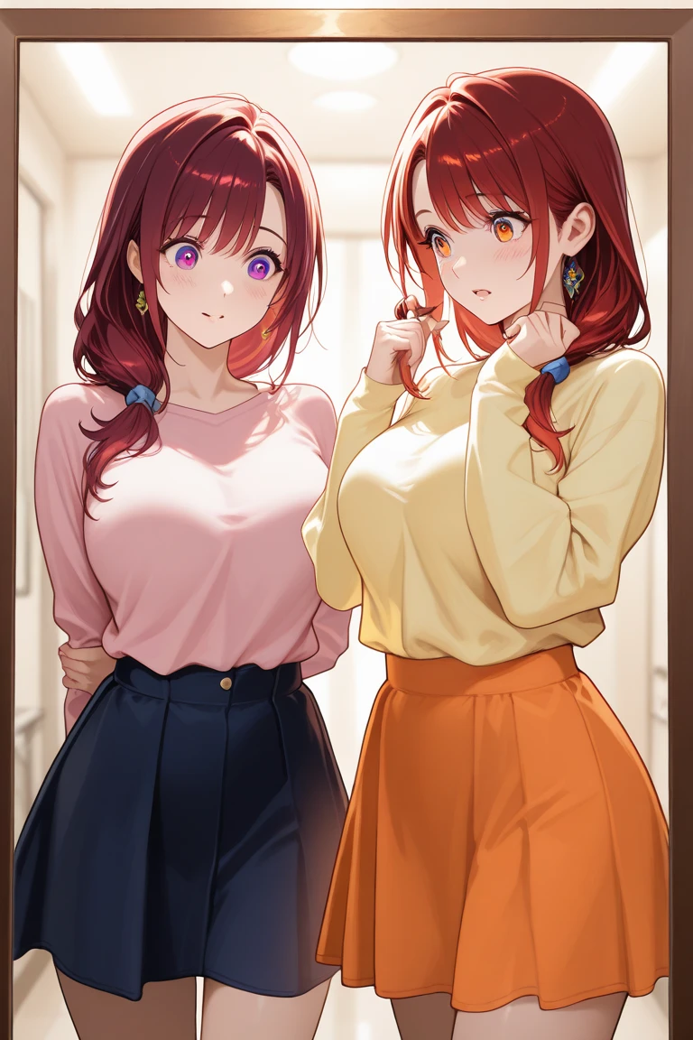 two sexy bubbly and cheerful women in kindergarten teachers outfits, short, vibrant curly orange hair with highlights of pink, flirtatious smiles, looking at camera, view from below