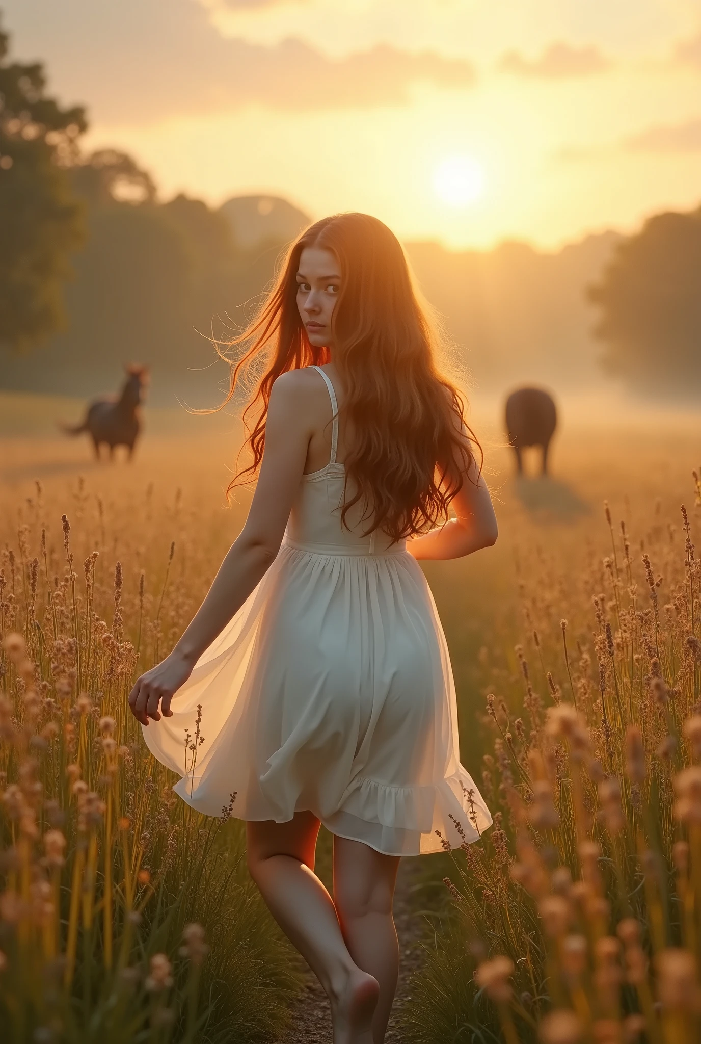 1girl, voluptuous curvy body,long red-hair, white plain summer dress, baby blue eyes, breaking through long grass, barefoot, away from the viewer, looking through her shoulder, she is scared, golden hour, full body shot from the distance, A young woman running in the middle ground of a luminescent field partially obscured by soft light, with tall grass in the foreground and horses in the deep background. Full body shot, not filling the frame she is in the midground, sfw, beautiful, masterpiece, uhd, beautiful hands, her back to the viewer, looking over her shoulder, looking back