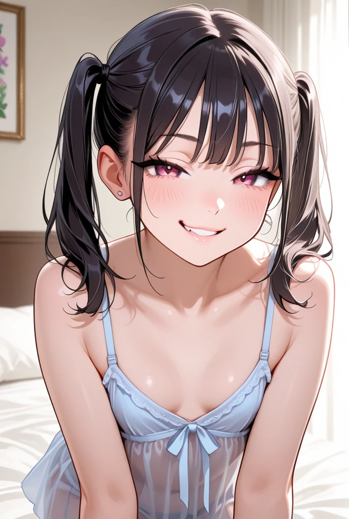 (8k, Raw photo, Best quality, ​masterpiece: 1.2), ​masterpiece, super detailing,Best Lighting, (Realistic and realistic photos: 1.4), high-definition RAW color photography, highly detail mouth,1 girl, (Sexy Buruma lowrise), midriff baring,background blur, blush, depth of fields, hair between eye,Short hair,(oiled skin:1.5,shiny skin),((full body)), embarrassed,fake smile:1.3,black hair,teeth,at pink bedroom,double Peace sign