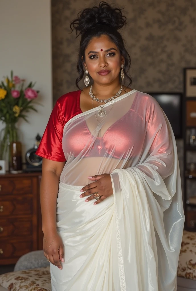 Day scene, full body photo of a plus sized 45 year old indian with a man from top view, (Masterpiece, Best Quality, High Resolution), office Background, (cum Splash on her breasts and nipples, cum Splash on her face, Splash of cum, cum Splash on her blouse, cum Splash on her eys), Sweet 25 year old South indian women sitting on her knees in a crowded party hall with a man, hour glass body red lips, silver colour silky gown, lightly makeup,ultra realistic, realistic, look at viewer (cinematic:1.3), intricate details,