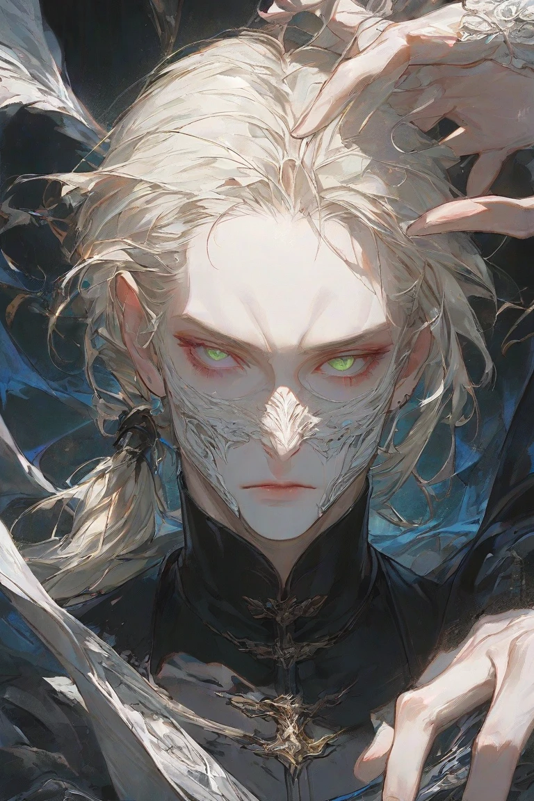 Pale skin and thin face. Romanian ethnicity with messy blonde hair and stubble on chin. Wearing a black suit and black shirt, with intense almond shaped eyes burning. A sense of power and authority. A robust appearance. Young man. layered eyes, "Lean Physics" ,"conceptual artwork," , "high détail", "high resolution", "ominous aura,", "8K resolution", "oil painting", "darker tone" , "low saturation" ,"dark feeling", "conceptual artwork" , "detailed features" , "detailedeyes" (work of art), highest quallity, "expressive eyes", "tattooed neck" ,"highest quallity", (work of art),