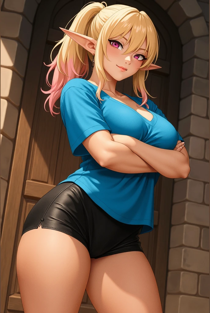 (Absurdres, master piece, best high quality image, very detailed features, very detailed textures, carefuly detailed with no deformed parts in all the artwork), solo character alone, back view.)
{{(1character: Elf woman milf: fair skin, golden blonde yellow long hair tied in a high ponytail, light blue eyes, beauty, beautiful face, beautiful features, big breasts, voluotuous figure, big butt, beautiful arms,  beautiful legs), (pink sport headband, one-piece leotard, pink long socks, pink runner shoes, pink wristbands), (cheerful, happy laughing, lovely, carefree), (running in the forest during a sunny day)}}