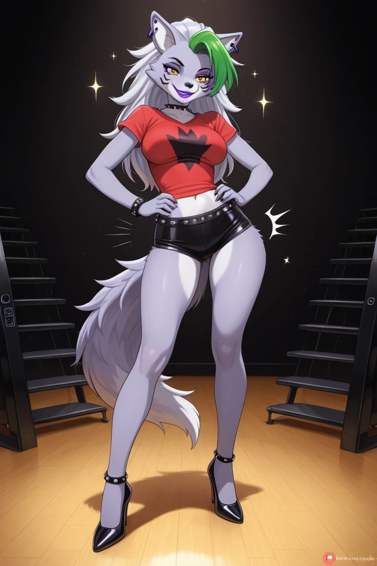 best quality, fnafroxanne, furry female, body fur, makeup, wolf ears, wolf tail, grey hair, green hair, yellow eyes, crop top, full body, detailed body fur, detailed eyes, detailed body, concert stage, glistering body,