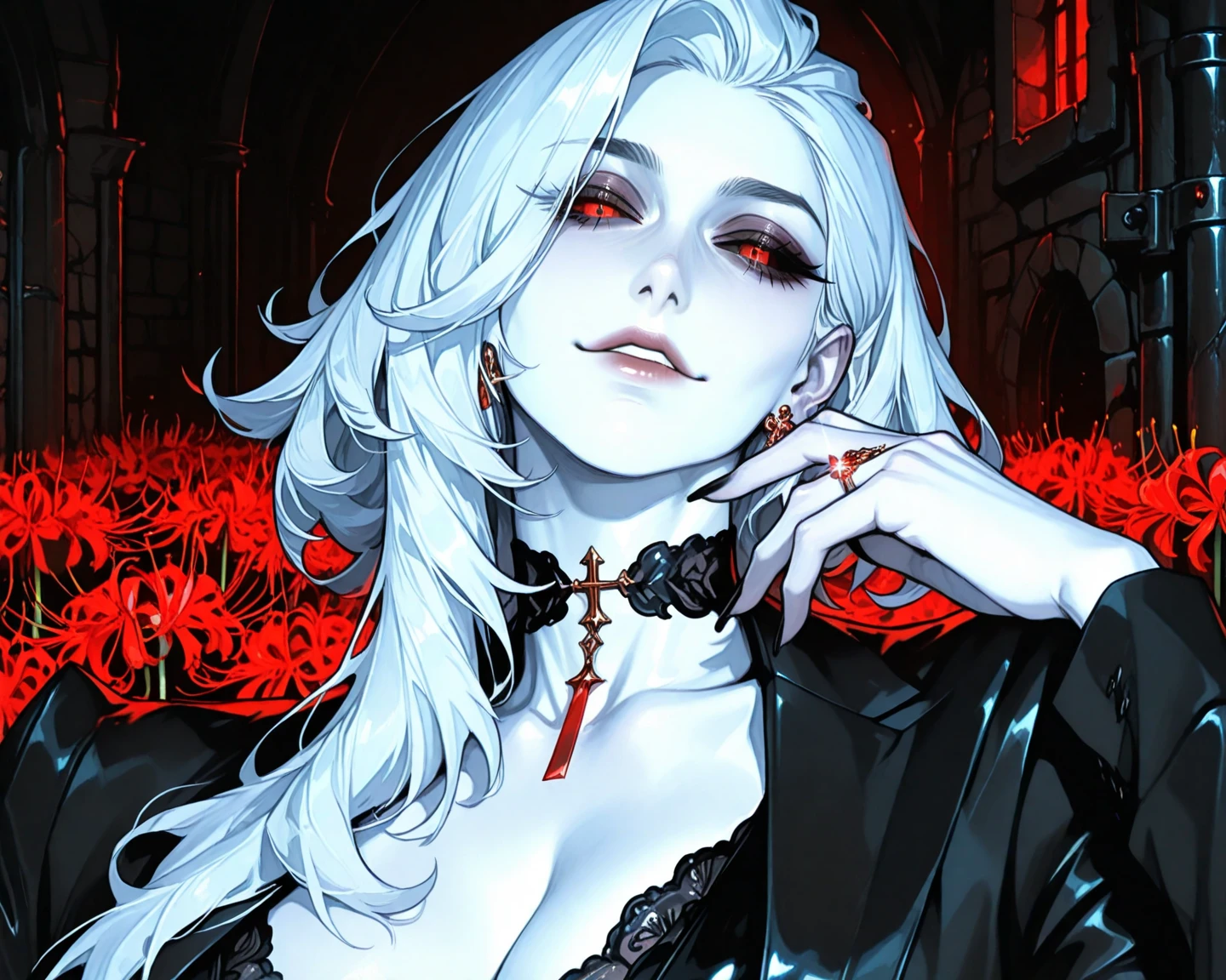 anime girl with white hair holding a glass of wine, she holds a glass of wine, drinking wine, androgynous vampire, with a drink, enjoying a glass of wine, 1 7 - year - old anime goth girl, guweiz, vampire girl, gothic horror vibes, artwork in the style of guweiz, anime vampires, by Yang J, red wine