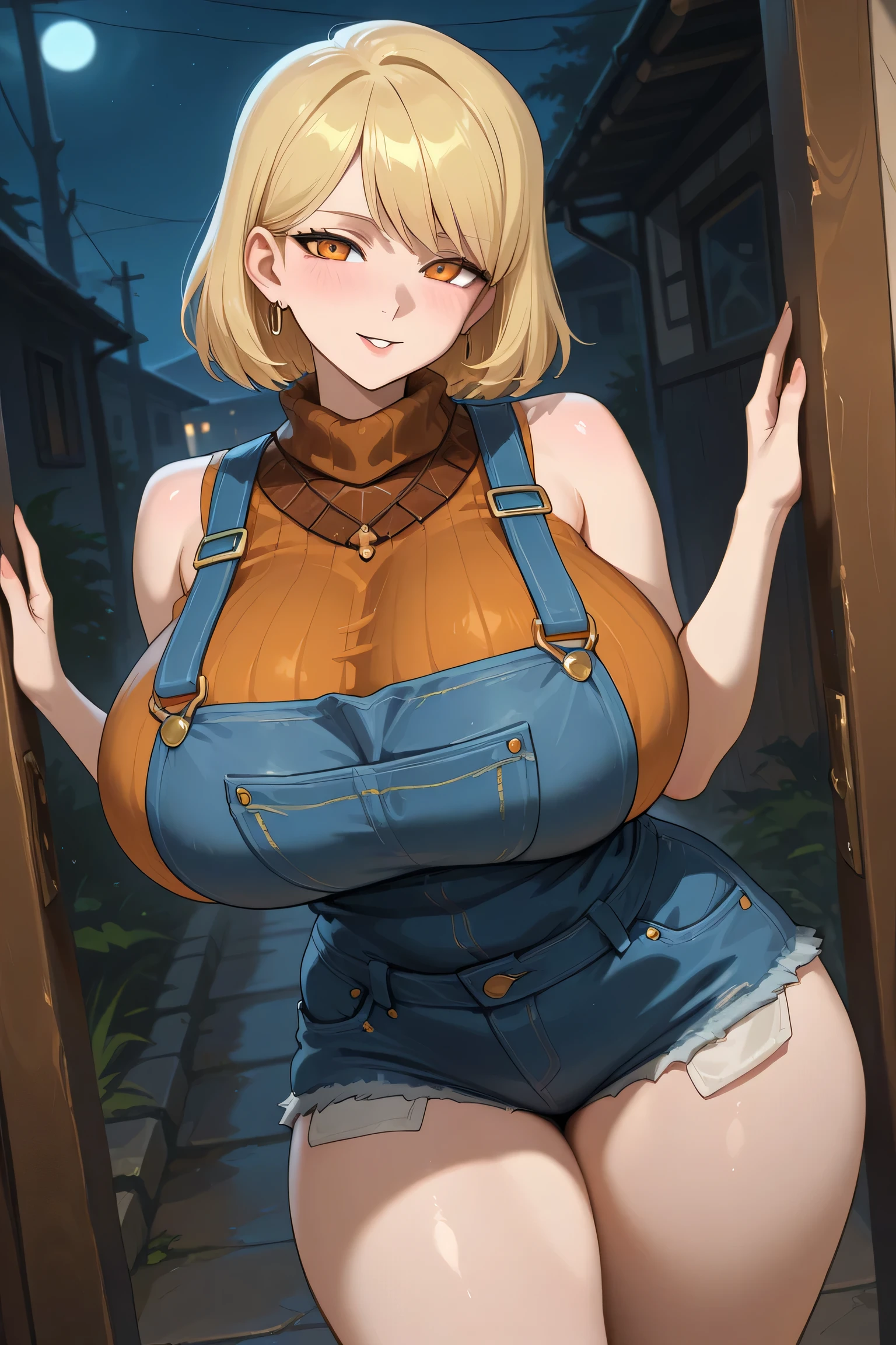 (masterpiece:1.2, best quality:1.2, beautiful, high quality, highres:1.1, aesthetic), detailed, extremely detailed, ambient soft lighting, 4K, perfect eyes, perfect face, perfect lighting, 1girl, solo, takamaki anne, twin tails, blonde hair huge ass, huge breasts, huge thighs, narrow waist, wide hips, thick thighs, curvy, naked overalls, collar,blushing,sweating, (breathing hard), (panting), anime,  farm, smile,