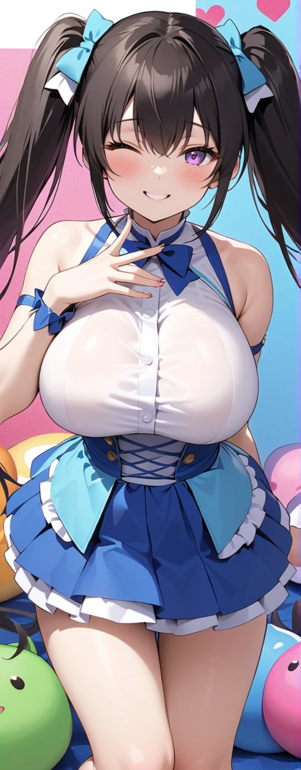 masterpiece, best quality, highres, heart hair ornament, ba1, 1girl, solo, jewelry, necktie, skirt, sleeveless, blue necktie, choker, black thighhighs, shirt, dress, blue skirt, skirt_ornament, wings, four-leaf clover_facial_tattoo, wrist cuffs,smiling, on the stage, (frown:1.2), (skirt lift:1.3), (thong:1.1),,huge tits,shots , perfeits, having sex