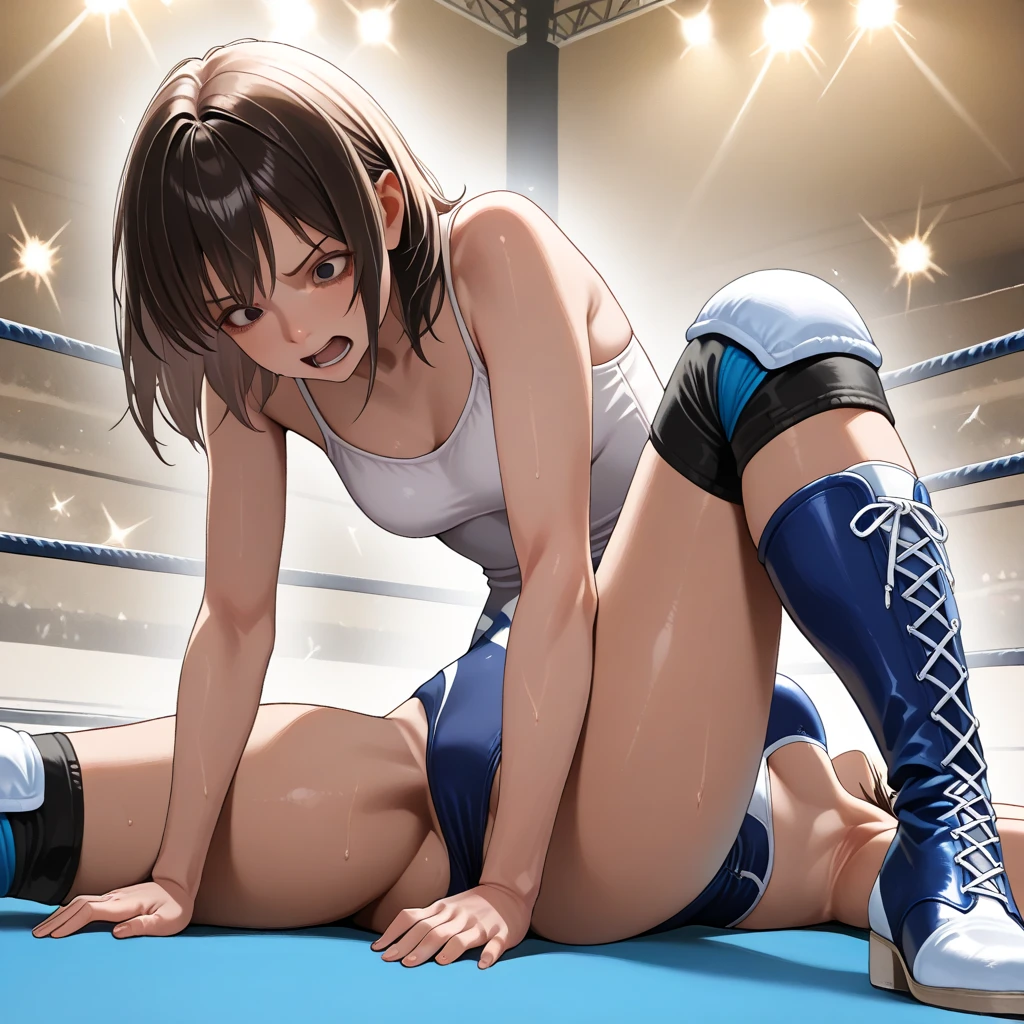 full body photographed、masterpiece、top-quality、hight resolution、A dark-haired、 (big saggy breasts:1.2)、monokini、white sporty boots、30-years old、a matural female、Professional wrestling venues、On the ring of professional wrestling、Hollow eyes、Crying、distressed face、scream、clenching teeth、(all-fours:1.2)、Erect nipples,topless,naked