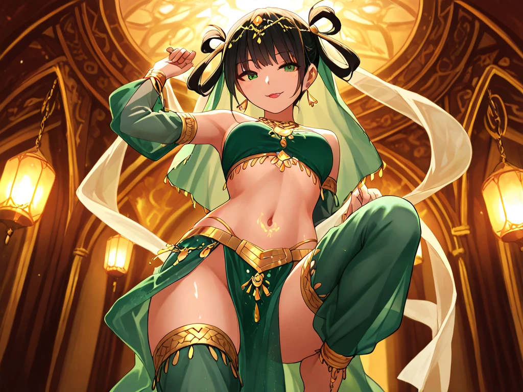 masterpiece, best quality, light particle, detailed background, nsfw, BREAK, 1girl, dancer, face veil, looking at viewer, covered nipples, green clothes, smile, see-through, <lora:Harem Dancer:0.9>