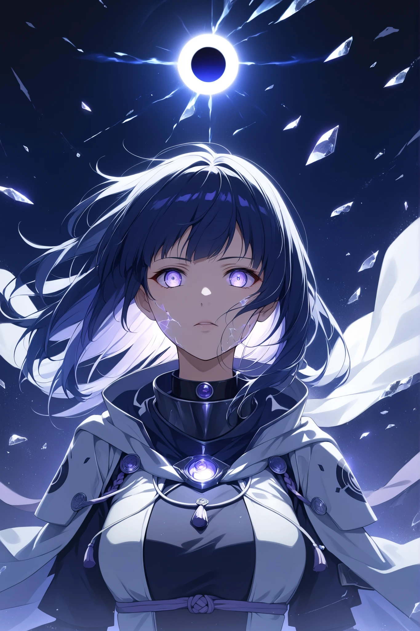 ((masterpiece)), ((RAW 8K)), ((anime-real fusion)), ((ultra photorealism)), ((hyper-detailed facial expression)), ((cinematic lighting on face and hair)),

Upper body bust shot of Hinata Hyuga as Voidwalker, from chest up, walking forward slowly through a rifted dimension.

Long midnight-blue hair flows weightlessly behind and over her shoulders, softly glowing with indigo hues.

Pale lavender-white Byakugan eyes shine with eclipse-like dark rings, exuding subtle power — her gaze is focused, solemn, and transcendent.

Calm expression with a slightly tightened lip — her aura feels detached but overwhelmingly present, like someone who’s walked through the edge of worlds.

Elegant black-violet voidweave armor wraps around her upper body, minimalistic design with subtle glowing chakra seams along collarbone and shoulders.

A Hidden Leaf headband is worn tightly around her neck like a choker, metallic surface catching faint reflections of the broken void.

Gentle ribbons of void energy float upward from her shoulders and arms like living smoke.

Background is a softly shifting dimensional space — glowing cracks, floating shards, rift light moving in silence.

Mood: ethereal, mysterious, serene yet untouchable — as if time has slowed for her alone.