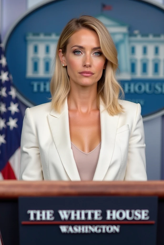 White girl, 18 years old, short blonde hair, president of the united states, giving speech, hourglass body shape, bikini, attractive