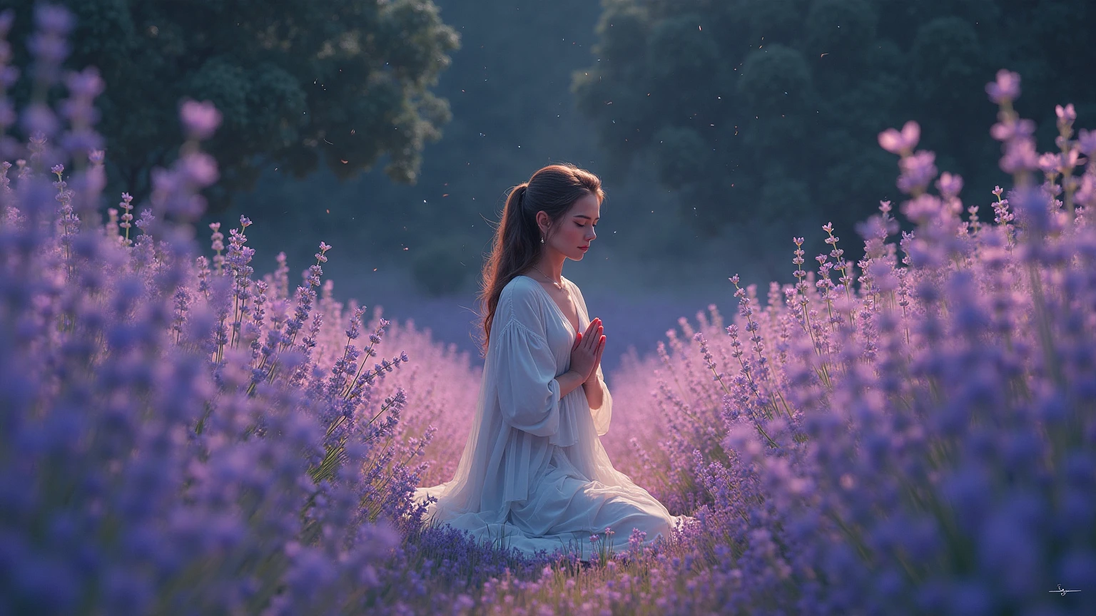 In a breathtaking cinematic scene, the camera pans across the vast expanse of space, filled with twinkling stars and distant galaxies. Amidst this cosmic backdrop, we see Aaradhya, seated gracefully on a lush green grass field, surrounded by a vibrant array of colorful flowers in full bloom. The sunlight bathes the scene in a soft, golden glow, casting gentle shadows and illuminating the delicate petals of the flowers. The camera, set at a wide-angle lens of 24mm, captures the vastness of the celestial landscape, emphasizing the contrast between the ethereal beauty of space and the natural splendor of the earthly setting. As the camera slowly zooms in on Aaradhya, positioned at the center of the frame, her serene expression radiates a sense of tranquility and inner peace. The scene unfolds with a sense of wonder and awe, inviting viewers to immerse themselves in the surreal beauty of this cosmic oasis.