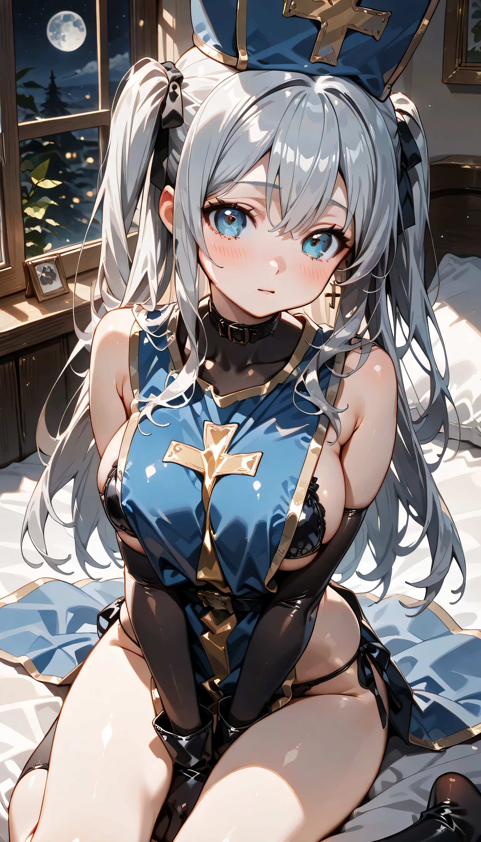(cute illustration:1.2), high-resolution, ultra-detailed, best-quality, (best picture quality, 4K, high quality, masterpiece:1.2), ((masterpiece)), high detail, high quality, (medium bun hair), ((blond hair)), cute, magical girl, (white and blue gorgeous magical dress with frills:1.2) sleeveless, detached sleeve, armpits, openchest, white thigh high pantyhose, armpits, squatting, spread legs, embarrassed, crying