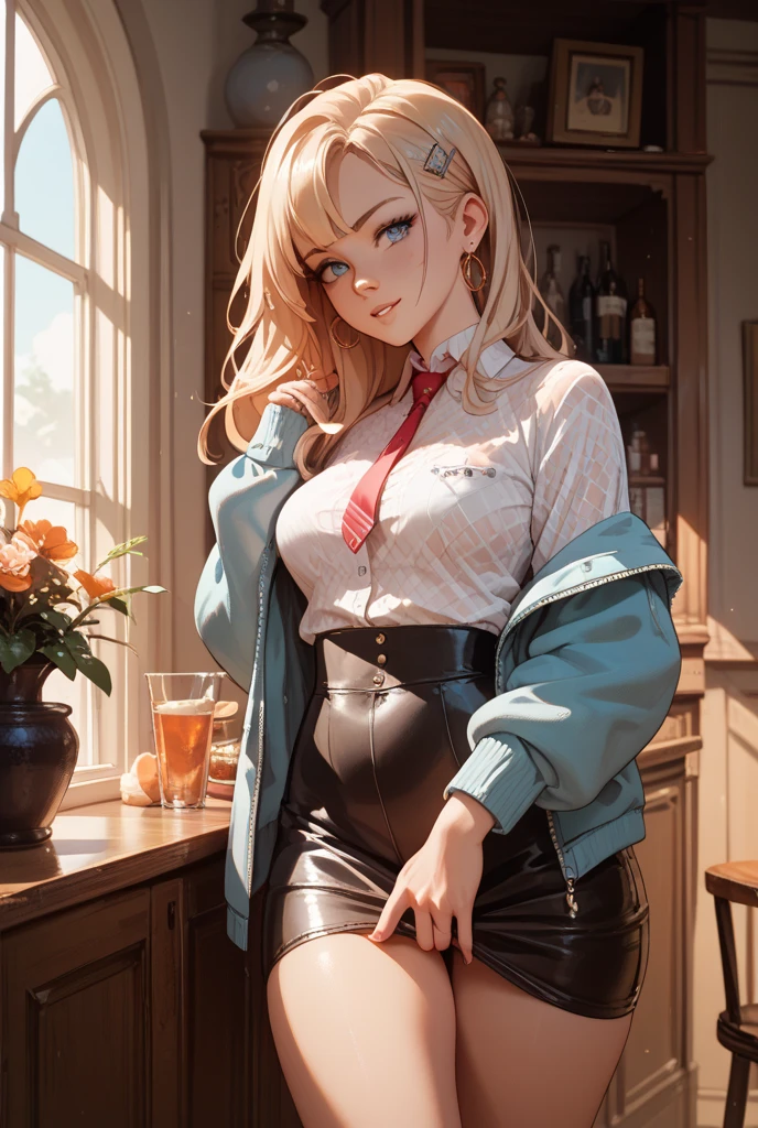 A girl in a leather jacket sits at a table smoking