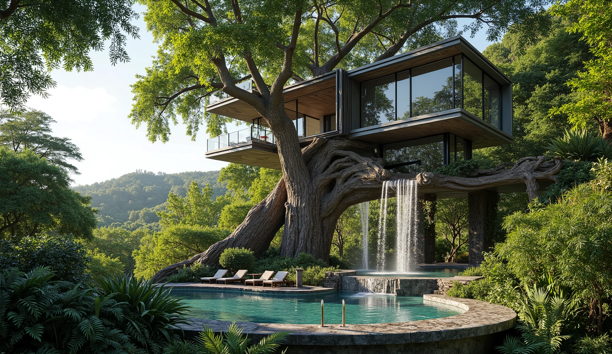 treehouse、Modern mansion standing on a huge tree、There's a gorgeous pool、a waterfall cascading down from natural bedrock、