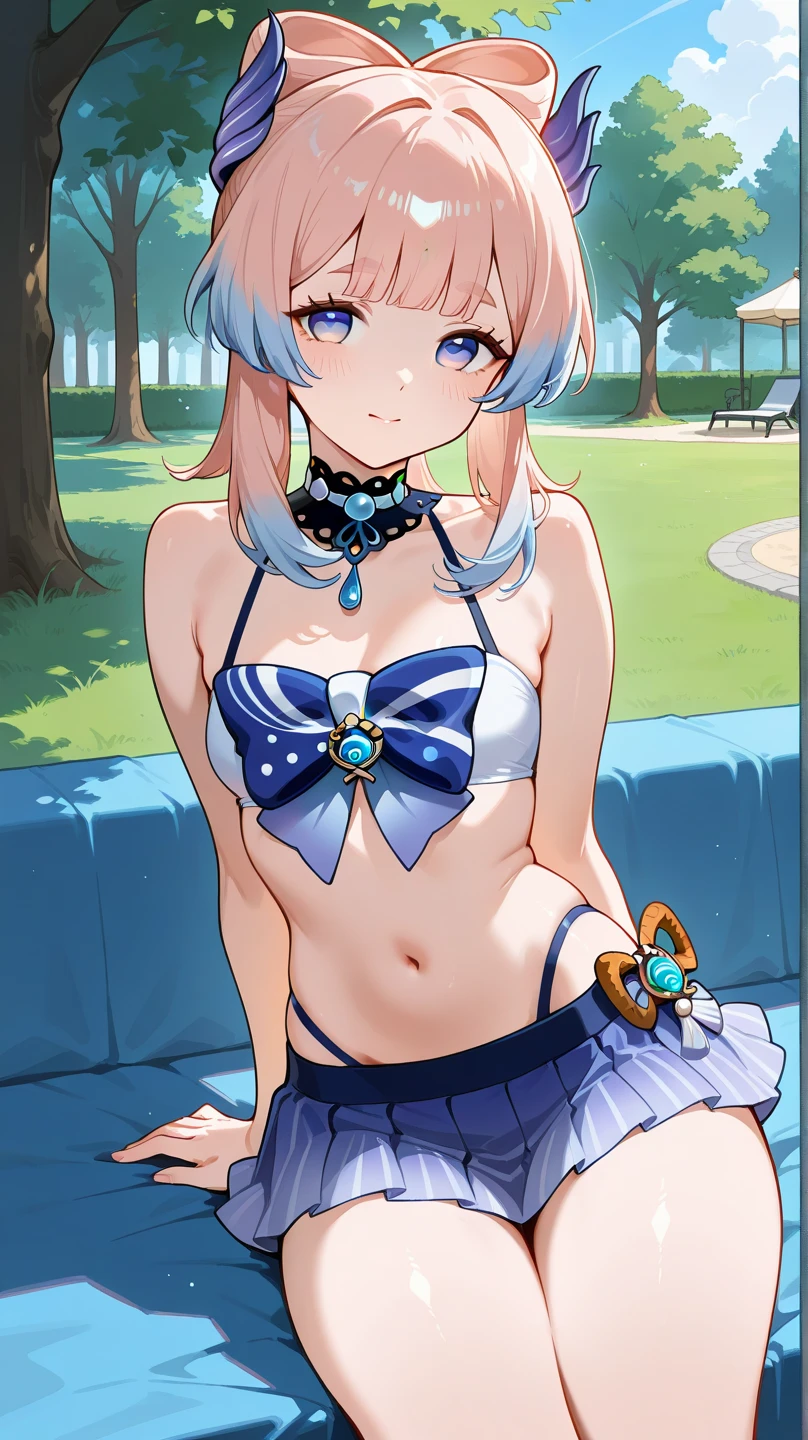 Highest quality, necessities, 超高分辨率, (Realistis: 1.4), RAW photogr, 1 girl, United Kingdom, ruffle headband, pony tails, Braided hair, Ribbon Ties, High-fork swimsuit, Over-the-knee, White silk knee-high socks, Glowing skin ,