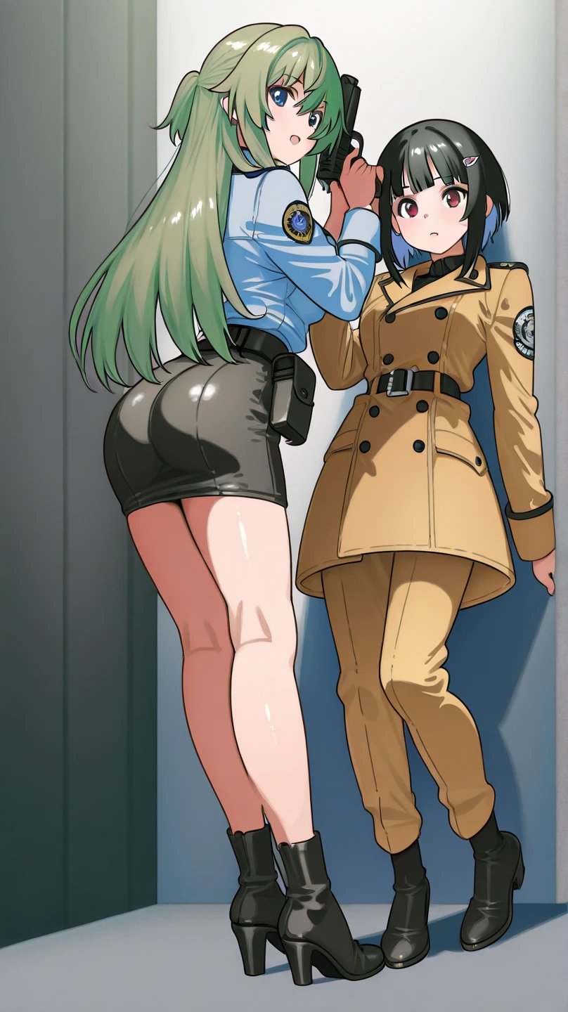 woman、Braid、Big Breasts、(Big Breasts:1.8)、Glasses、blue eyes、Green Hair、(Daytime park background)、Primary school students、(Primary school studentsの男の子に見られている)、(Primary school studentsの女の子に見られている)、is in disarray, Black gloves, White socks, Police uniform, Black Skirt, Short sleeve, Cowboy Shot, salute, Put your hands on your hips,Thong underwear,String Panties,Pubic hair sticking out,Pubic hair sticking out,The nipples are erect,Nipples are erect, close your eyes, Tears in the eyes、Open your mouth, What saliva leaves behind, Wet skirt hem, Sticky panties, Bulging of the vibrator cord, Vibrator with Garters, I can see her pussy,The vaginal opening is visible,The vagina is visible,The female shadow is visible