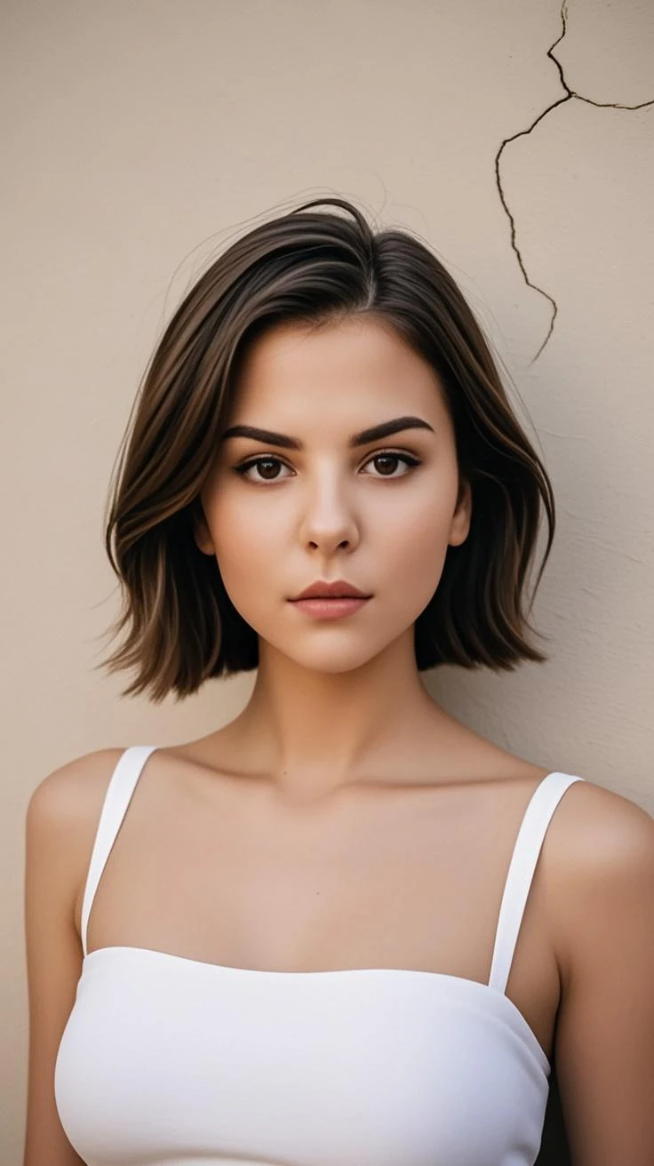 (Best quality,8K,high resolution,masterpiece:1.2),Digital Artwork, A girl,Delicate face,Delicate eyes,Dark brown hair,Short straight hair,Shining amber eyes,Red lips