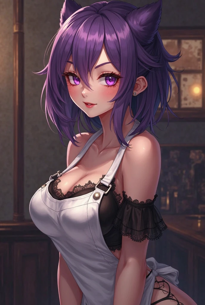 1 girl, masterpiece, top quality, fair skin, golden eyes, big eyes, dark purple hair, side ponytail, shorts, black belt, green jewel, frills, holy water