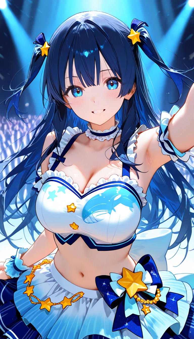 (masutepiece:1.3), (Best Quality:1.3), High resolution, Couboy Shot, I stretch my arms diagonally down and stick my chest out.、I have a big smile on my face.、Retro cityscape、Spread your arms、Hair color is purple、Long hair、Blue Mesh、blacklight、Squat position、Vivid sea、Iridescent Sea、huge smile、Spectacular background、The sun's rays illuminate her so beautifully, (One Cute Girl:1.3), 、Long hair, Hair over one eye, Large breasts, Neck ribbon, Swim in the sea、Spectacular sunlight seen from the deep sea、Dress, Detached sleeves, White Apron, Waist apron, White pantyhose