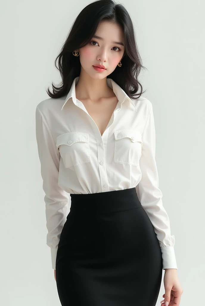 A beautiful young woman in her 25s with medium-large breasts(levemente transparecendo na sua roupa), ((wearing office uniform)), (Stand straight facing the camera, body upright, like an identity photo), (Interior white wall background)(no background.)