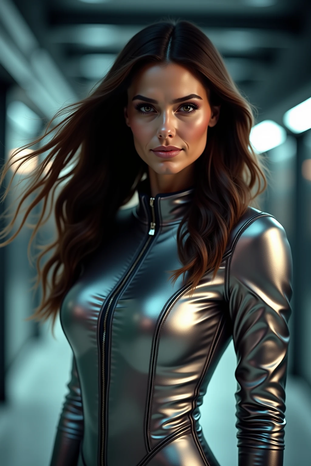 (Alicia Vikander:Evangeline Lilly), green light, glowing eyes, pov below, wind,, masterpiece, best quality, 1girl, cool, serious, medium breasts, long hair, blue hair, red leather jacket, crop top, tight jeans, green eyes, abs