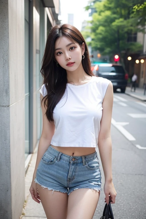(((Open Stance)))、 ((white lace t-shirt)), Staring at the audience、((White shorts))、Standing with legs open to the sides、((Sexy young woman's body:1.4)),