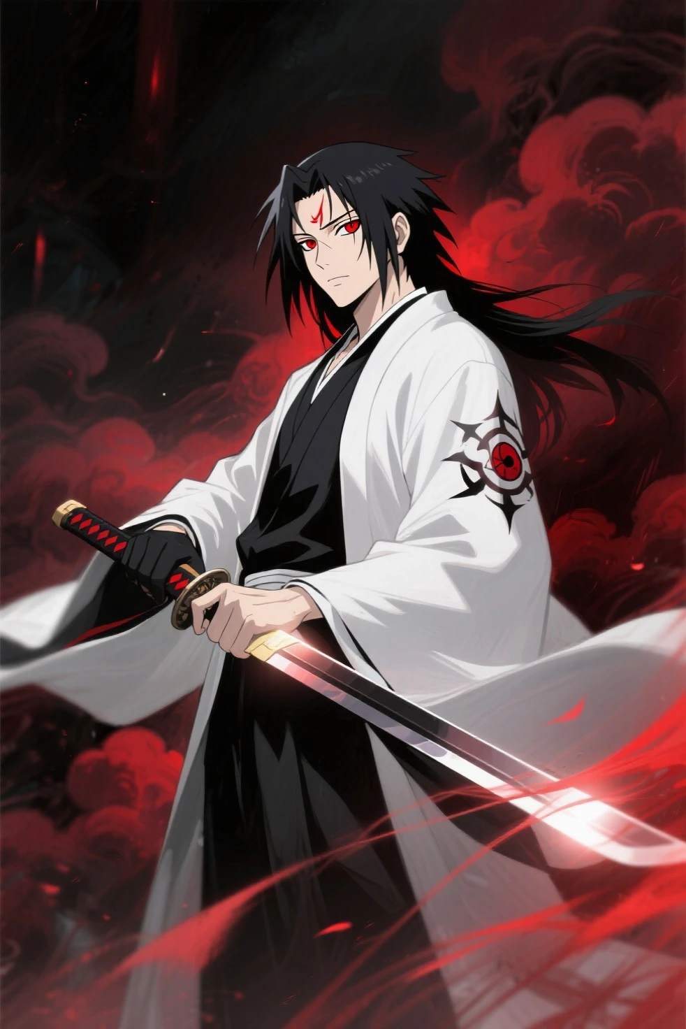 1boy, male focus, ponyzeldris, black hair, short hair, spiked hair, black eyes, red eyes, empty eyes,muscle, wearing white torn kimono, holding an totally black sword in a red land, purple mountains, red sky, wind, clothes in the wind, hair in the wind, serious expression, powerful posing,scars at body, blood,blood on body,blood on face,blood on arms,on your knees, injured, spitting blood, blood on mouth