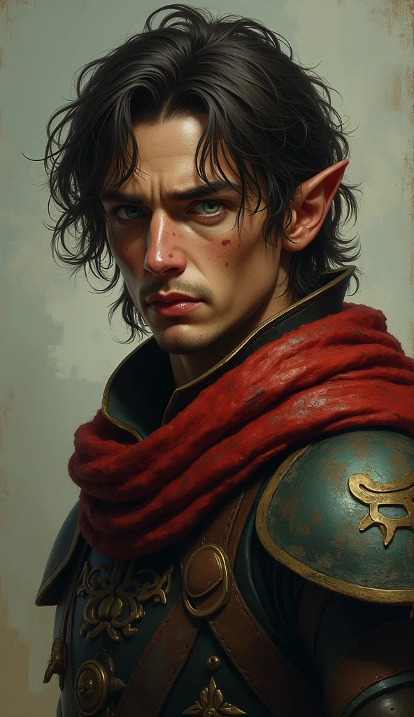 Imagine an adult male tiefling warrior with tan skin., with a warm, metallic tone that glows softly in the sunlight, highlighting its infernal heritage with a distinctive elegance. Your eyes are a light blue, with vertical pupils reminiscent of a feline, observing the world around with a mixture of sagacity and prudence.
Your hair is thick, wavy, and a shiny black, cut in a practical way. On the sides of the head, the hair is shorter, highlighting the slender, curved horns that rise gently backwards, polished and of a color similar to ebony. The contrast between the dark horns and the tanned skin creates an imposing and fascinating image..
His face is angular, with a strong jaw and thin lips, displaying an expression of firm determination. The eyebrows are well defined, further accentuating his piercing eyes. Small details adorn your appearance: a simple silver earring in one ear and a thin scar that cuts across his left eyebrow, Memory of a Past Battle.
He wears light armor, but robust, made of darkened leather and reinforced with dark, weathered metal plates. The armor is fitted to your athletic body, allowing you to move with agility and precision on the battlefield. A long cloak, of a resistant and dark fabric, with a deep red lining, complements your look, protecting it from the elements and increasing its intimidating presence.
Your tail, muscular and agile, ends in a sharp point, balancing his posture as he moves with controlled grace. This tiefling warrior is the embodiment of strength and strategy., with an appearance that reflects both the nobility and ferocity of his spirit.