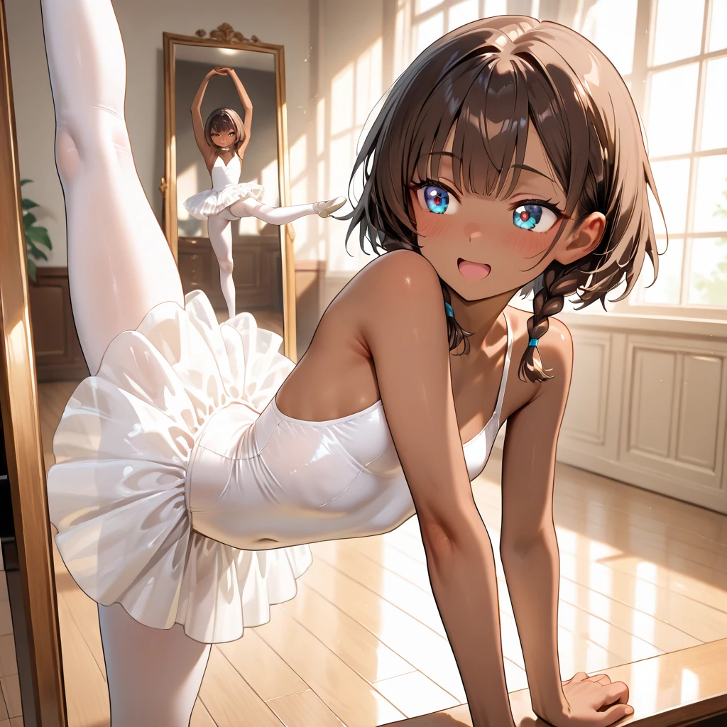 Ponytailed girl in a white ballet standing on one foot in the practice room