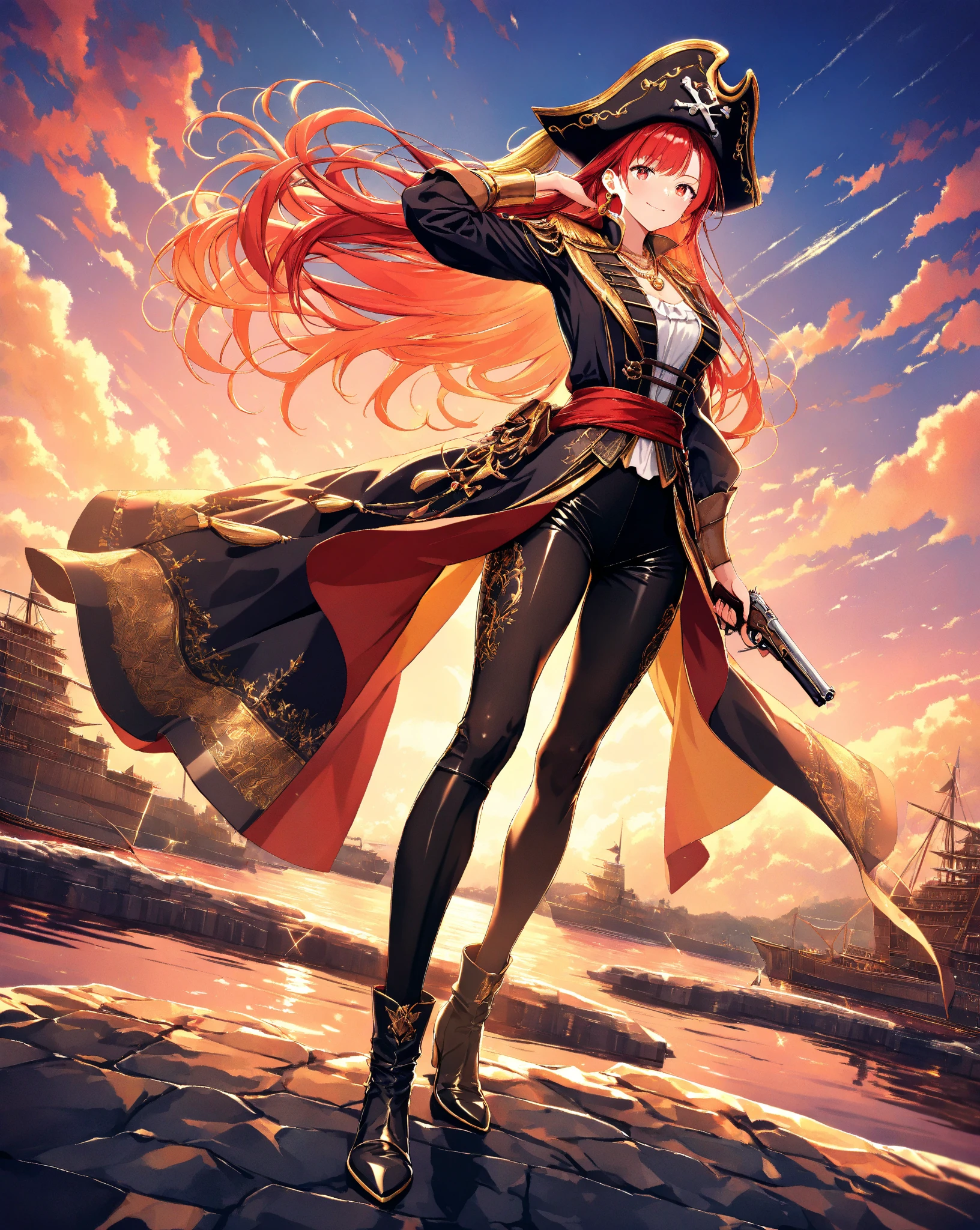 pirate, torn blouse, medium breasts, brown leather pants, toned body, orange hair, curly wet hair, waist length hair, confident smirk, pirate ship, tentacles reaching for her body, tentacles wrapped around her legs, night time, lanterns lighting the area