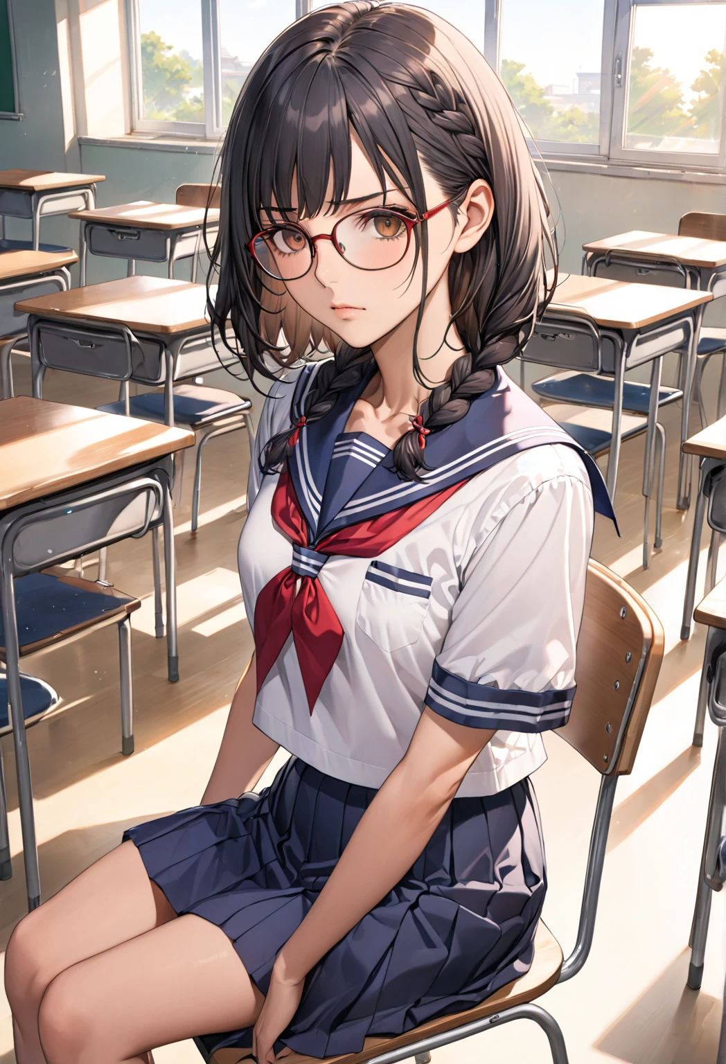wearing glasses, Sailor suit, classroom, Sit on a chair, (masterpiece), highest quality, Misaka Mikoto, 1girl, uhd, retina, masterpiece, ccurate, anatomically correct, textured skin, super detail, high details, high quality, best quality, highres, 4K