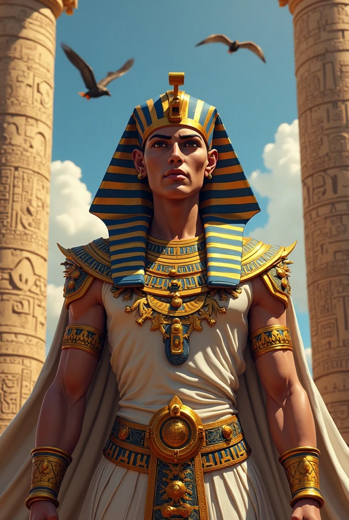 Sheldon Cooper dressed as an Egyptian pharaoh. In the background the pyramids of Egypt. Photorealistic, hyperdetailed, high quality,