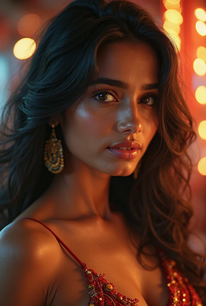 little Kajol Devgan, (taking selfies, Overhead view: 1,4), (straight half of the torso: 1,4), Portrait photo of a 24-year-old blonde in RAW UHD format (Blue-eyed woman), very long bronze hair Walk down the dark alley, natural breasts_b, night city, ( tactical clothes), in detail (textures!, glistering, a color!!, imperfections: 1.1), highly detailed glossy eyes, , Standing Around, bottom, thongs, (is looking at the camera), specular lighting, DSLR camera, ultra quality, sharp-focus, sharpness, Depth of field, film grains, (centred), Crystal clear, big breast, ????? torso, The center of the frame, pretty face, sharp-focus, street lamp, neon lights, bokeh, (dimly lit), Low key, in night, (night sky ) detailed skin pores, oiled skin, suntan, eye details, Indian woman full body sexy Big brest nipple nice clevage seductive poses red lips full body sexy poses