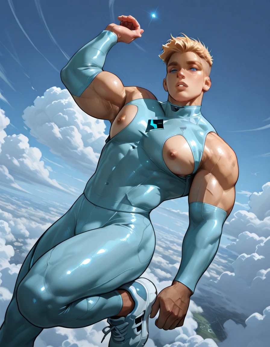 a photorealistic image of a muscular blonde handsome man from the future wearing transparent skintight turquoise and white space uniform including a decorative jockstrap, dynamic pose