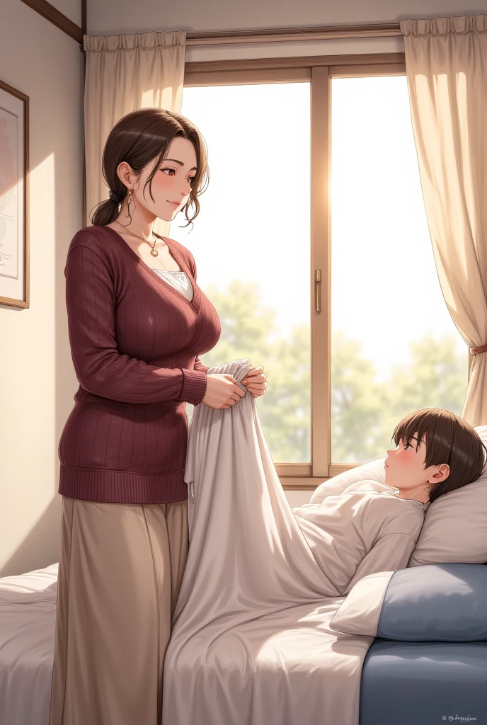 Mother and small son, bedroom