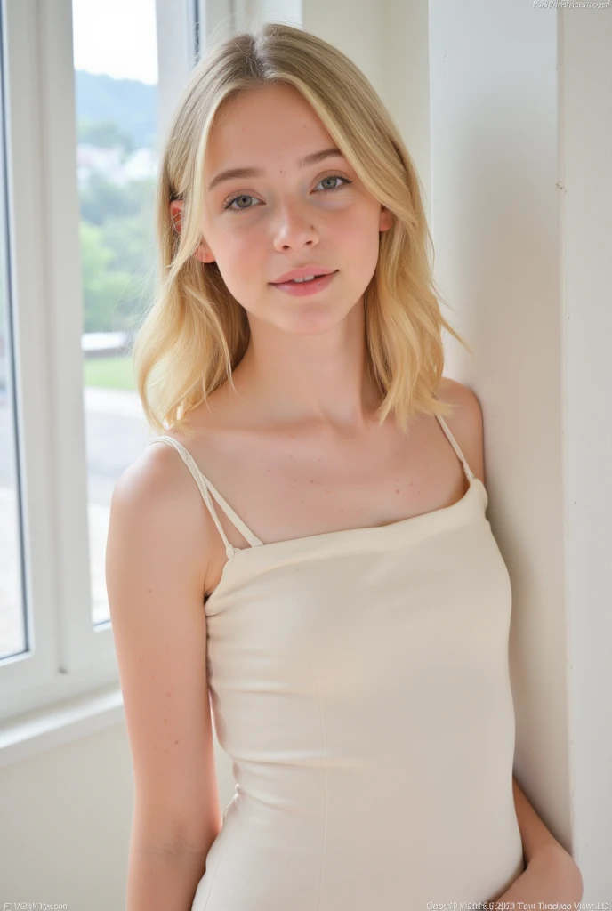 A very young girl of 13 years old, blonde hair similar to elIe fanning, sleeveless blouse, golfer's miniskirt, tight clothing, happy expression, detailed face, detailed eyes, sexy eyes, detailed lips, detailed hands, perfect hands, room interior, natural lighting, warm color tones, (best quality,4k,8k,highres,masterpiece:1.2),ultra-detailed,(realistic,photorealistic,photo-realistic:1.37),high quality, intricate details, vivid colors