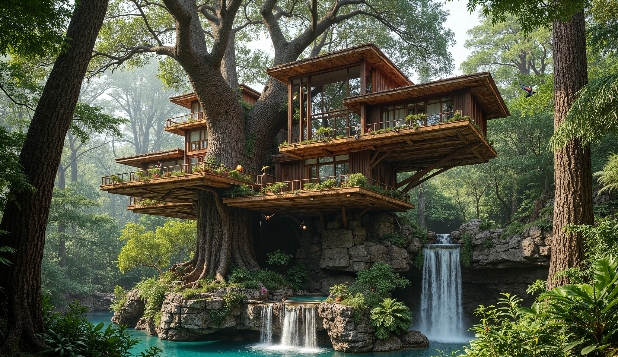 (巨木のレッドウッドの上にある巨大treehouse:2.0),(巨大で巨木treehouseと3階立て豪邸ビルの融合:2.0),(巨木のレッドウッドの上にある巨大treehouse:2.0),(treehouse:1.5),(Modern 3-storey mansion standing on a giant tree:1.5)、There is a luxurious pool、(A waterfall cascades down from natural bedrock:1.5),(巨木のレッドウッドの上にある巨大treehouse:1.5),(A very beautiful forest:1.5),calm and quiet atmosphere、Colorful birds are dancing wildly、