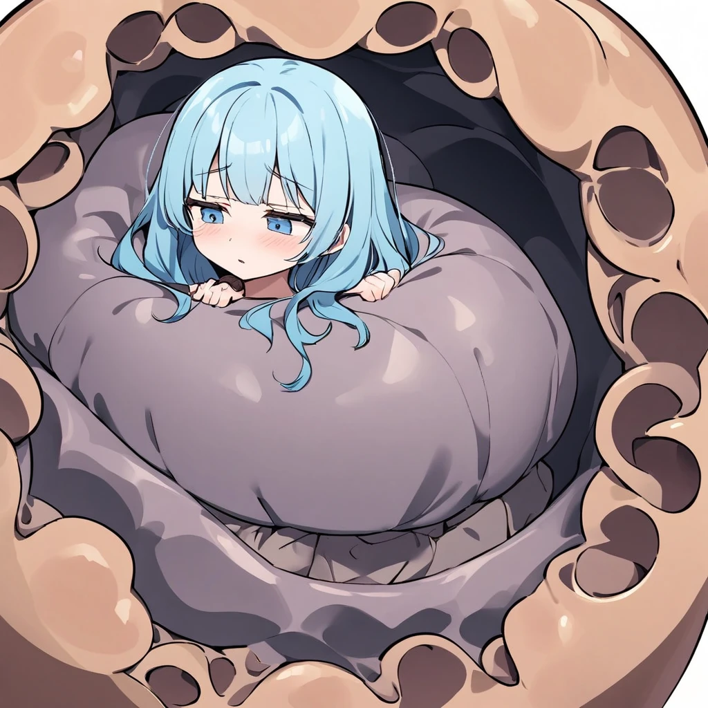 One giant blob of gelatinous slime making a girl's whole body stuck inside of it, squeezing and kneading her whole body, the girl feels exhausted by it