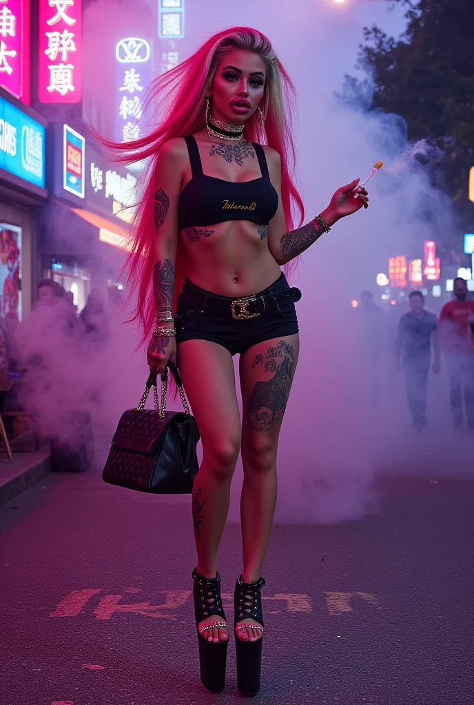 beautiful thai hooker ,,long brown hair ,petite, hair blowing in wind , bangkok, street, versace, grinning, dark clouds,toned fit body, short stature,lights, refelctions, night clubs, wet brick ground,  ,looking away from viewer, looking away from camera, (( checkered mini skirt)), low contrast,school girl mini, ,,very skinny, slim girl, exposed cleavage,breasts, full arm tattoo,walking , chest tattoo, open bars, street food, medium breasts, full body portrait, jewellery, detailed face, exclusive clothing,,,high heels