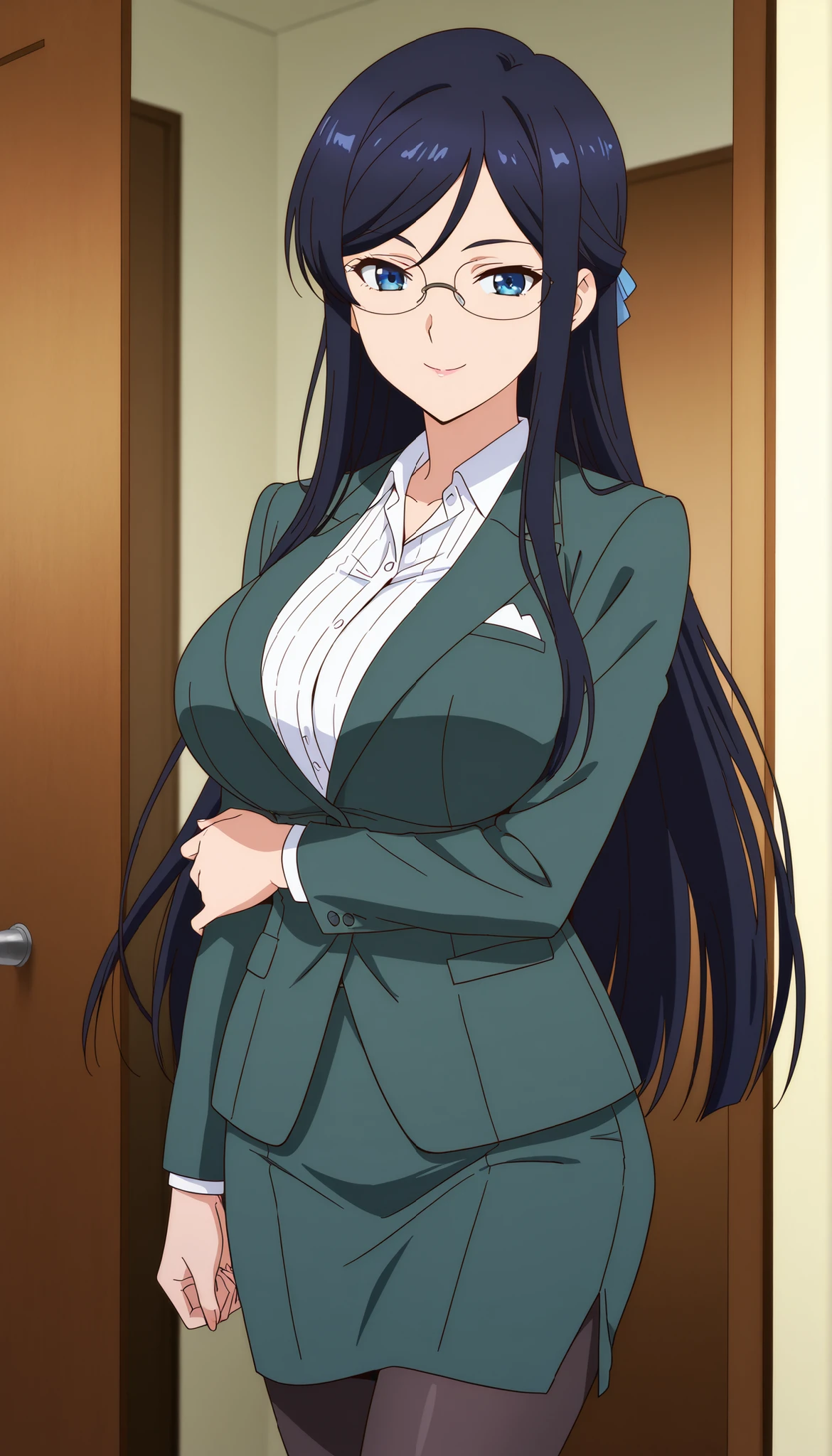 Score_9, Score_8_climb , Score_7_climb , Score_6_climb , Score_5_climb , Score_4_climb, masterpieces, Detailed Model, Exquisite Piece, precise, 1 girl, source anime, Misaki Gundou, long hair, ผมสีดำ, blue eyes, with glasses, , wear a suit, Black tights, smile, Walking into the House, Backgrounds Front