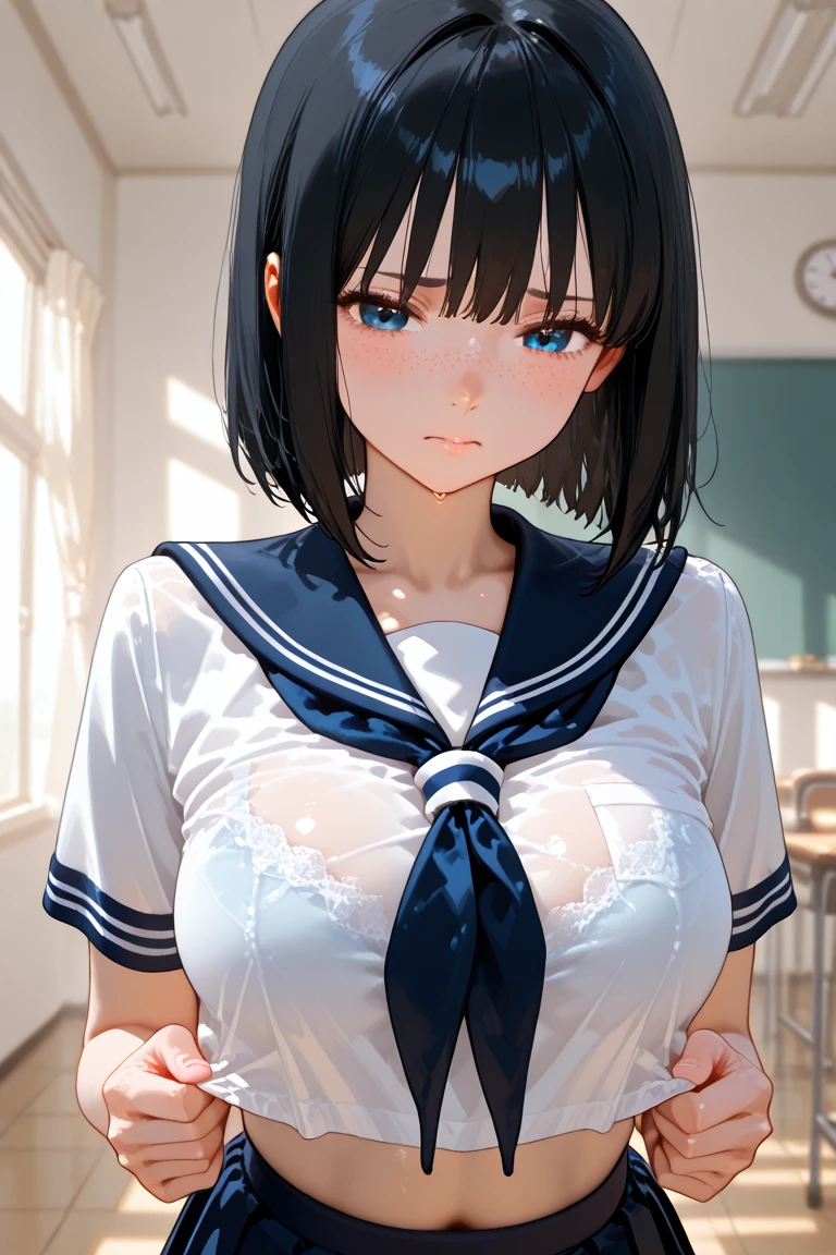 Big Breasts、Bare thighs、White panties、（Sailor suit summer uniform、Dark blue micro mini skirt dark blue、White short-sleeved shirt、Dark blue pleated skirt Dark blue、White mesh panties、Dark blue tie dark blue、White Short Socks）、(Black Hair、Very Short Hair、boyishカット)、Big Breasts、Women&#39;s High生、boyish、Big Breasts、Women&#39;s High、classroom、独奏