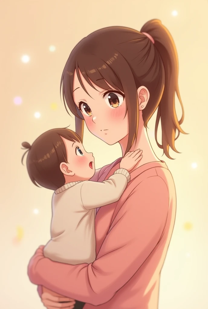 Create an anime girl with long black hair, tied her hair in a ponytail, holding and kissing on the cheek a baby with black hair and white skin