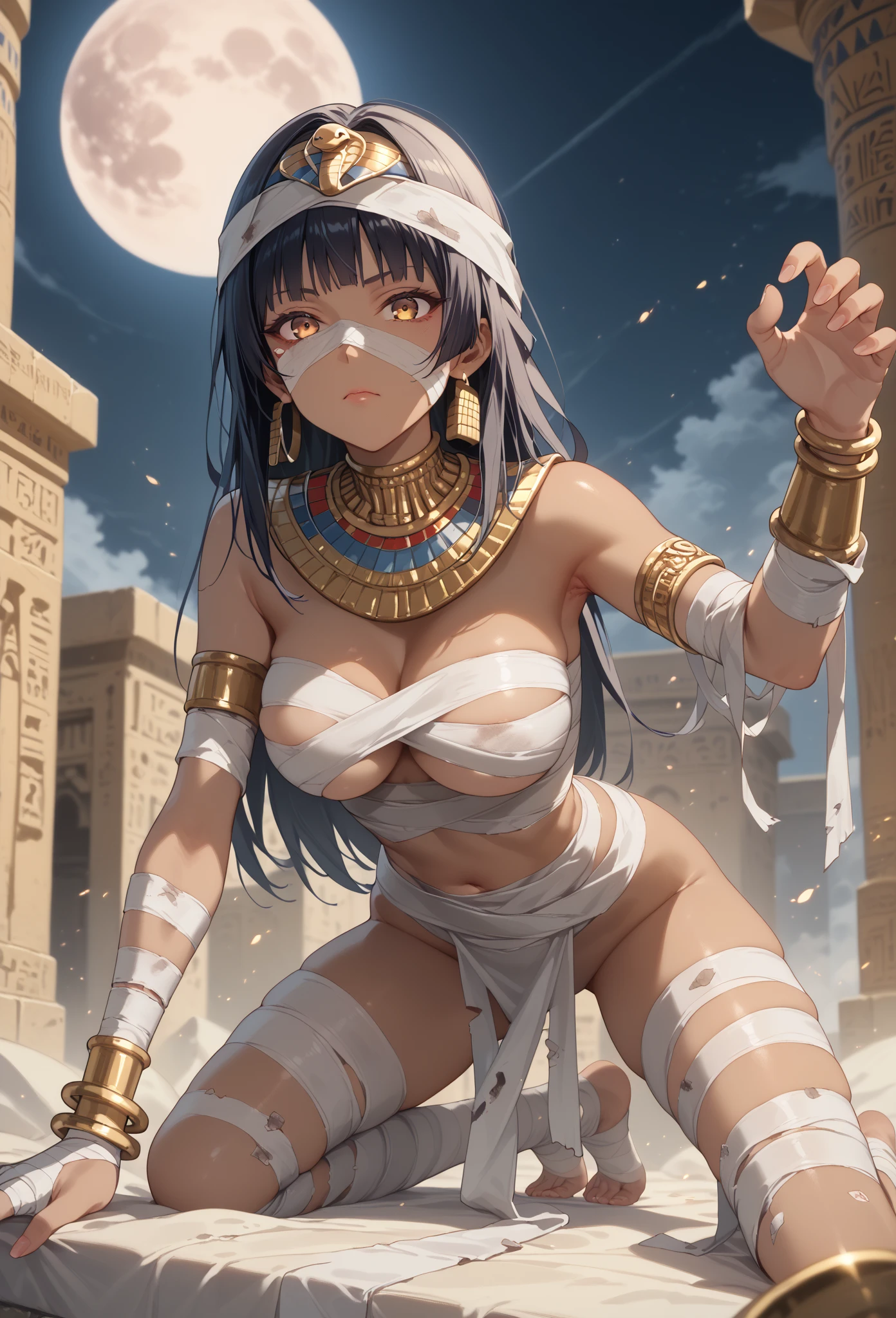 best qualityer，tmasterpiece，Ultimate resolution，downy，Extremely colorful，Colorful，Ancient Egyptian mummy beauty，（Kneeling pose，Point at you with your ass）（Kneeling pose），（Point at you with your ass）Beautiful woman wrapped in bandages，Bandages all over the body，bandagens，，Bare legged，Normal posture，Normal posture