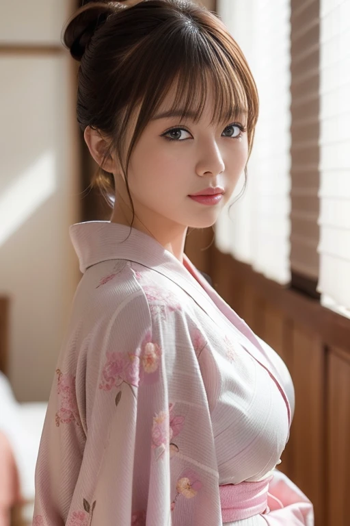 Top quality, fine details, ((beautiful one girl))), very detailed eyes and face, yukata, large tear bags, double eyelids, cheeks, sweat, embarrassment, lying on the bed, sitting sideways, fluffy chest, clean legs