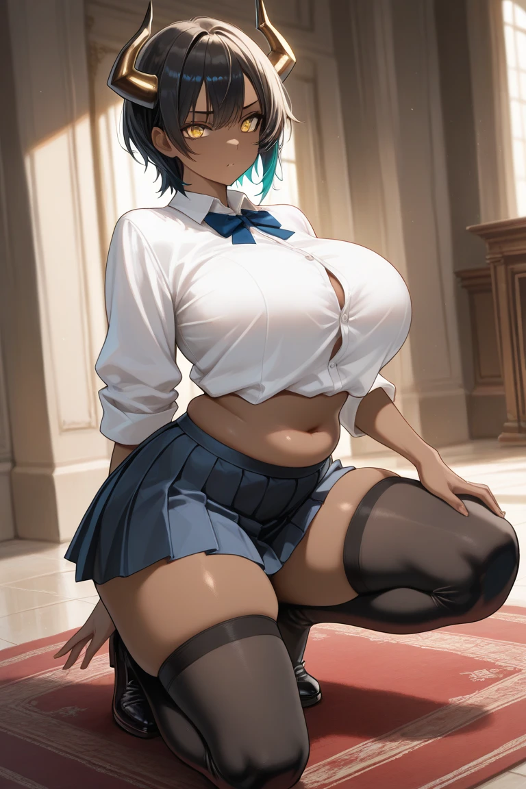 (masterpiece, best quality:1.2),illustration,8k,hd,1girl,solo,upper body,(portrait:1.2),takao \(kancolle\),black hair,red eyes,short hair,large breasts,long sleeves,hat,black gloves,black thighhighs,miniskirt,blue skirt,military uniform,beret,garter straps,blue jacket,blue headwear,pencil skirt,butt, panty shot