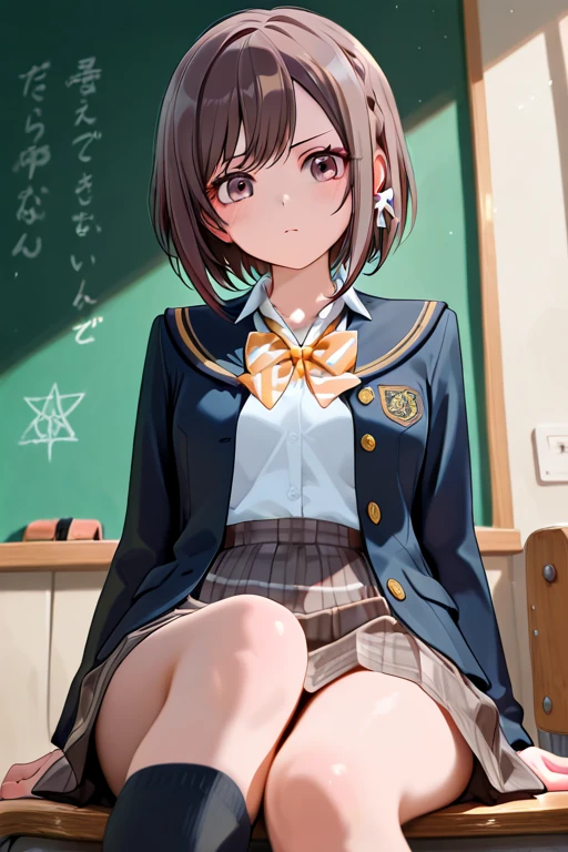 pieces fly、masterpiece、highest quality、Super detailed、High resolution、High resolution、8K portrait、Unity 8k壁紙のHigh resolutionCG、unity 8k wallpaper、cute type little:1.5、:1.5、Highly detailed CG unity 8k wallpaper、realistic、real person、cute type little、 portrait photography、shiny skin、High resolution、(16 years old:1.2)、(1 girl)、beautiful clear eyes、very detailed explanation、delicate face、nice lips、slender body、Big breasts and a narrow waist、thin legs、(classroom:1.6)、1 girl, cute type, perfect face, seriously, (blush:1.5),(light brown bob hair:1.5),((there are many people nearby:1.4)),(small breasts:1.5),(school uniform:1.2))((clothing lift:1.5))), (((I have nipples))), Detailed description vagina,膣を表示spread legs:1.2),spread (Orgasm in the vagina:1.5))