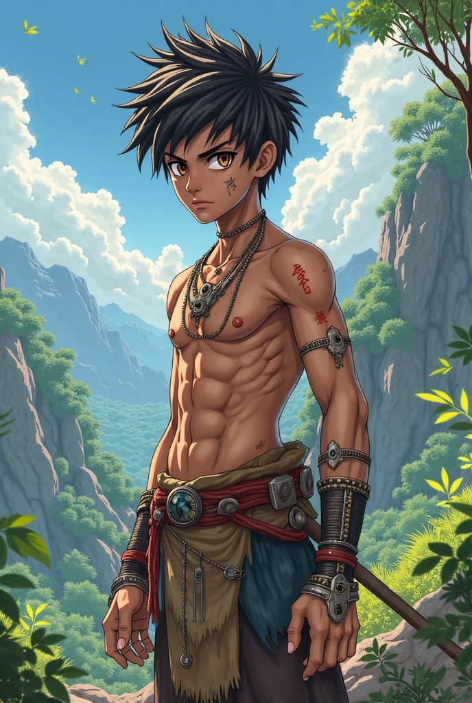 15-year-old chico, cara triste seria, thief, chico de aspecto rudo, masculino, chico malo, with torn dirty clothes that reveal his very thin plane body and marked ribs, cicatrices en el cuerpo, staring at camera with a knife in his hand, in a forest with lots of vegetation. , slim body,