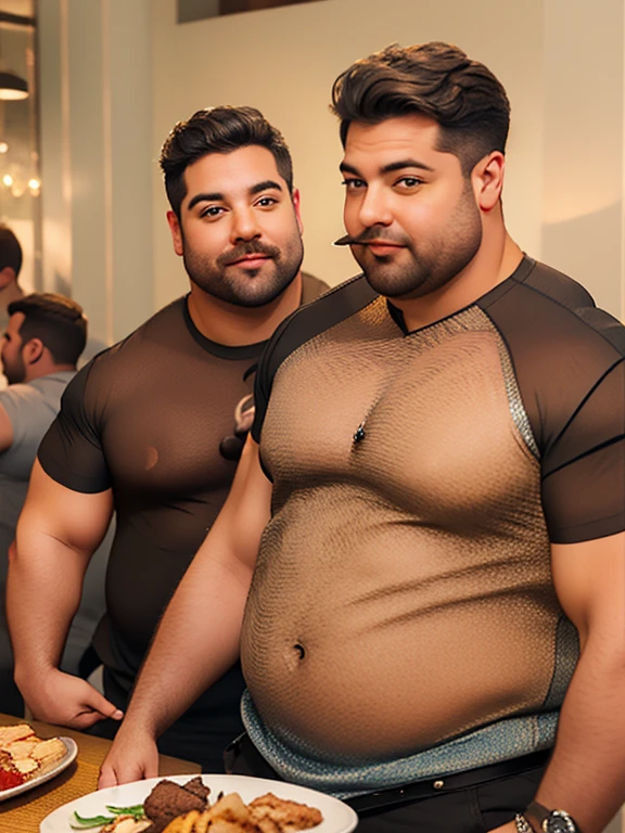 Two 18 years old black men, underwear only, absurdly huge bulge, briefs, beard, chubby, broad shoulders, thick lips, vascular, ((very dark skin)), (black skin), very sweaty, huge belly, thick thighs, fat, very thick arms, hanging pecs, large , smirk, chubby face, tattoo, thug, gold jewelry, heavy gold chain, romantic, blushing, veiny hands, photorealistic, romantic, dreadlocks, looking at viewer, from below, hairy body, arm hair, standing in subway train, 2 boys,