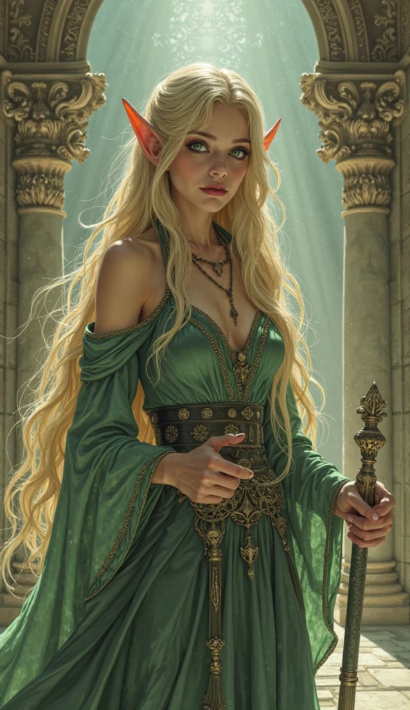 In the enchanting world of Dungeons & Dragons, a stunning female elf stands before you, her wavy blonde hair cascading down her shoulders, framing her ethereal face. She gracefully holds a wooden staff in both hands, its intricately carved design complementing the delicate features of her elven form.

The enchanting scene is filled with a captivating allure, as the sunlight filters through the dense canopy of leaves above, casting dappled patterns upon the ground. The vibrant hues of the foliage surrounding her blend seamlessly with her golden hair, creating a mesmerizing interplay of color and light.

As she gazes off into